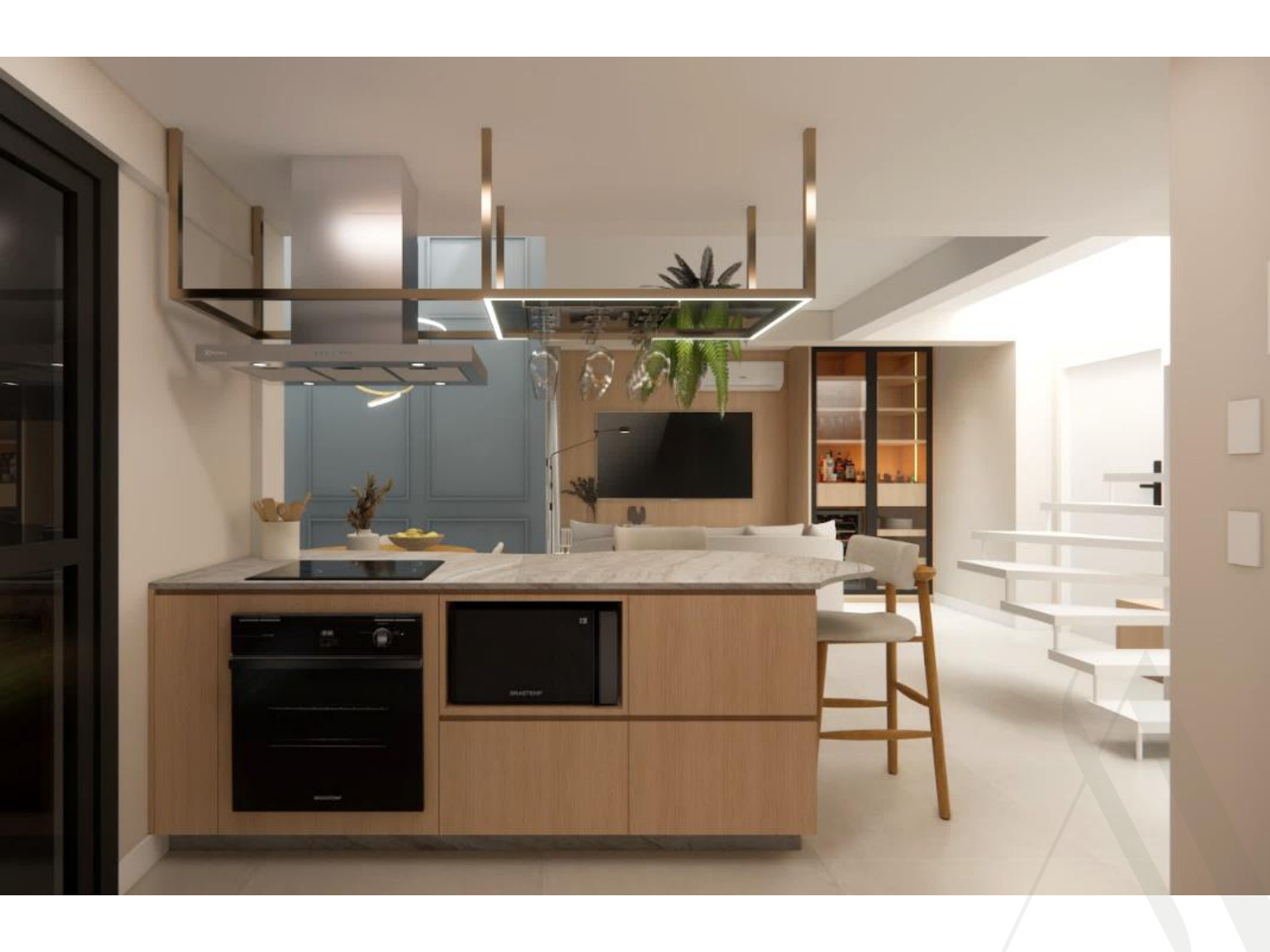 Cozinha integrada com escada